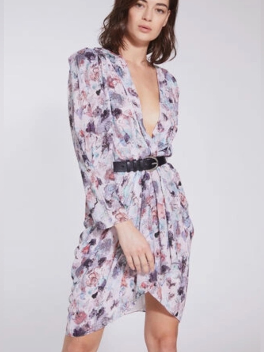 IRO Forrie Floral V-Neck Draped Mini Dress Puff Shoulder Long Sleeve Size 36